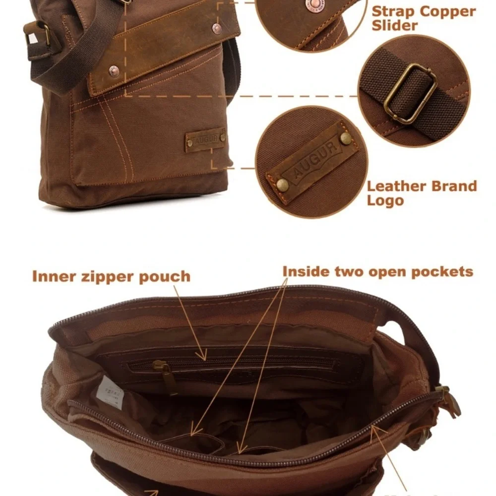Augur Unisex Canvas & Leather Vintage Army Style Messenger Crossbody Bag